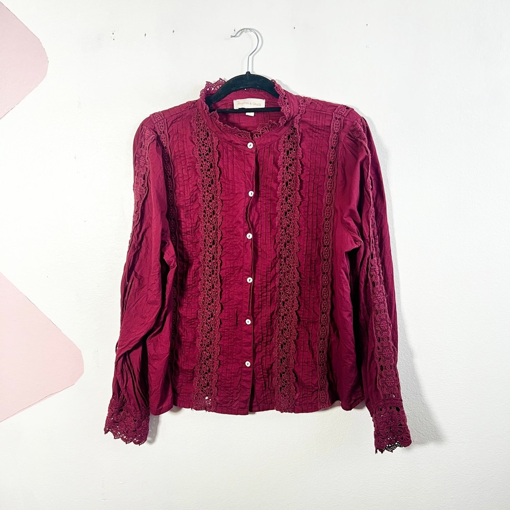 Jennifer & Grace 100% Cotton Blouse Top Womens Large Burgundy Lace Boho